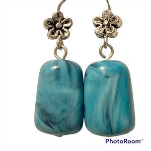 Aqua Turquoise Art Bead Earrings Acrylic Swirl Silver Plated Flowers Boho